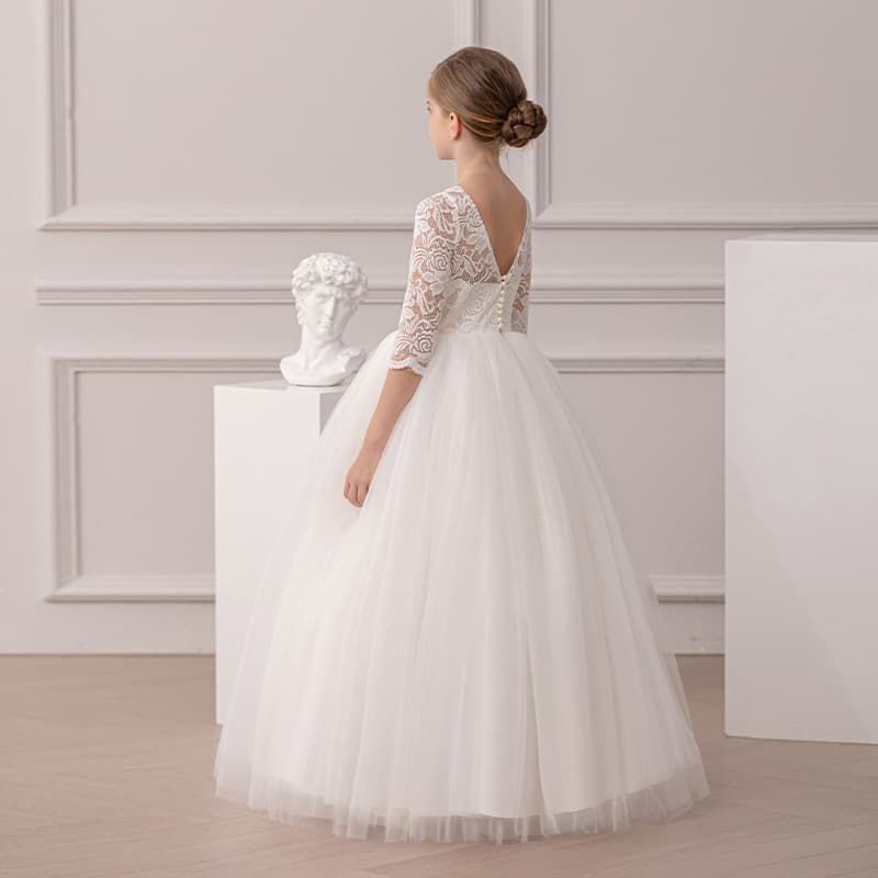 Cross-border Girls White Evening Dress Birthday Party Long Princess Dress Flower Girl Wedding Dress Tutu Piano Performance Costume