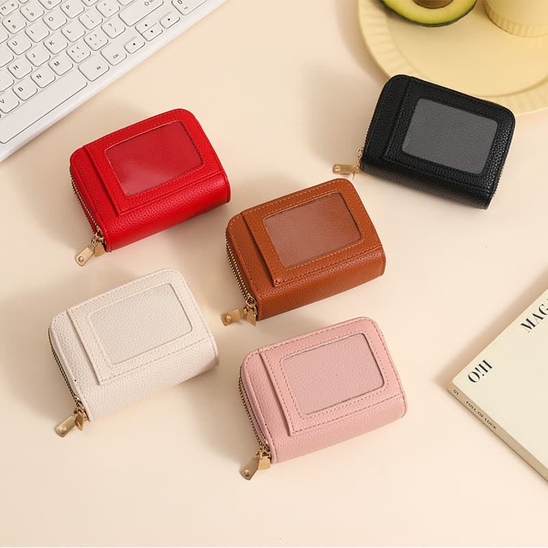 Cross-Border Small Fragrance Style Solid Color Simple Accordion Wallet Double Zipper Transparent Window Multi-Card Slot PU Multi-Purpose Coin Purse for Women