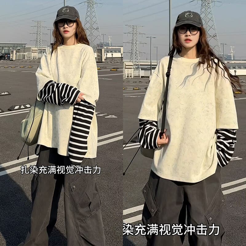 2025 Spring New American High Street Design Fake Two-piece Casual Sweater Men's Spliced Bottoming Shirt for Sale