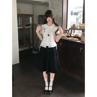 Black Skirt Ruffle Edge New Korean Academy Lace Japanese Sweet JK Shirt Uniform Slim Half Skirt Two-Piece Set