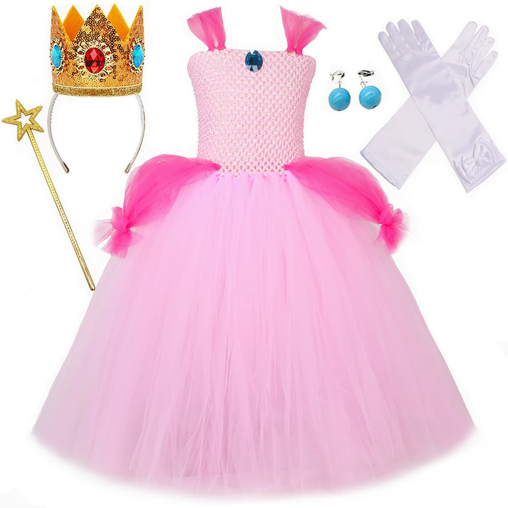 Super Mario Princess Peach Dress for Girls Halloween Costume Peach Princess Tutu Dress Children's Tulle Dress