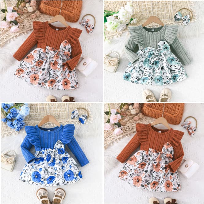 2025 Spring/Fall New Style Baby Girl Fashionable Ribbed Knit Floral Print Round Neck Long-Sleeve Dress with Bow Headband