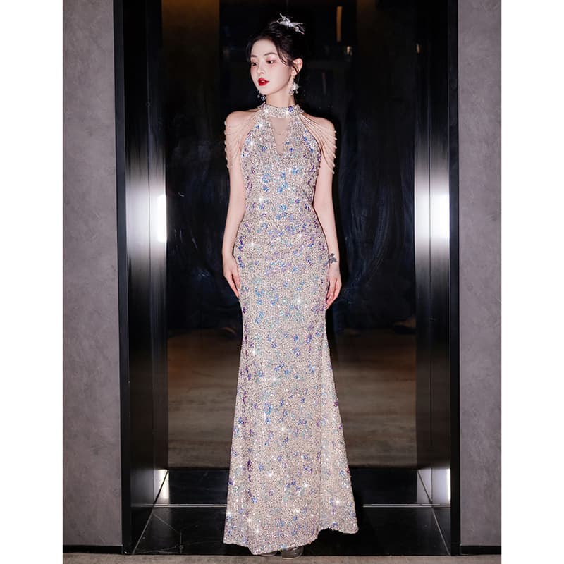 Cheongsam Evening Gown for Women, Banquet Elegant Light Luxury Niche High-End Sequins New Chinese Style Host Fishtail Dress
