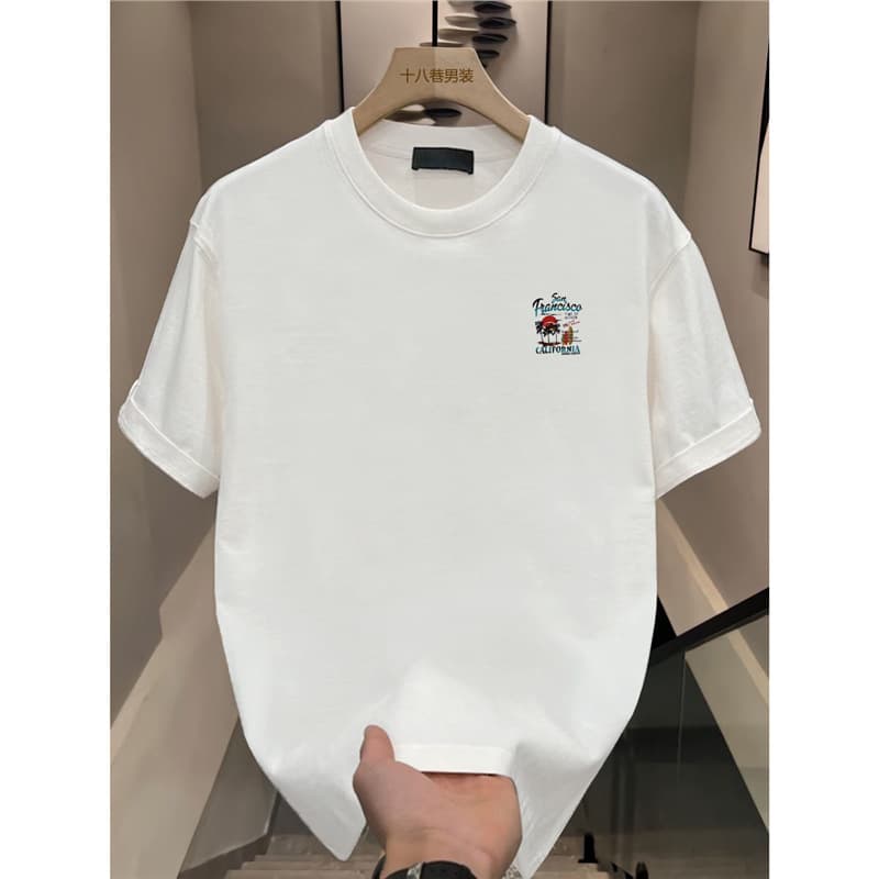 Summer Beach New Short Sleeve T-Shirt Men Vintage Simple Heavyweight Loose Print Half Sleeve Breathable Tee