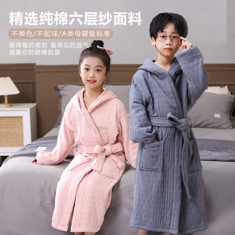 Pure cotton children's bathrobe, six-layer thickened bathrobe, loungewear, pajamas for medium and large children, boys and girls, absorbent, dropshipping available.