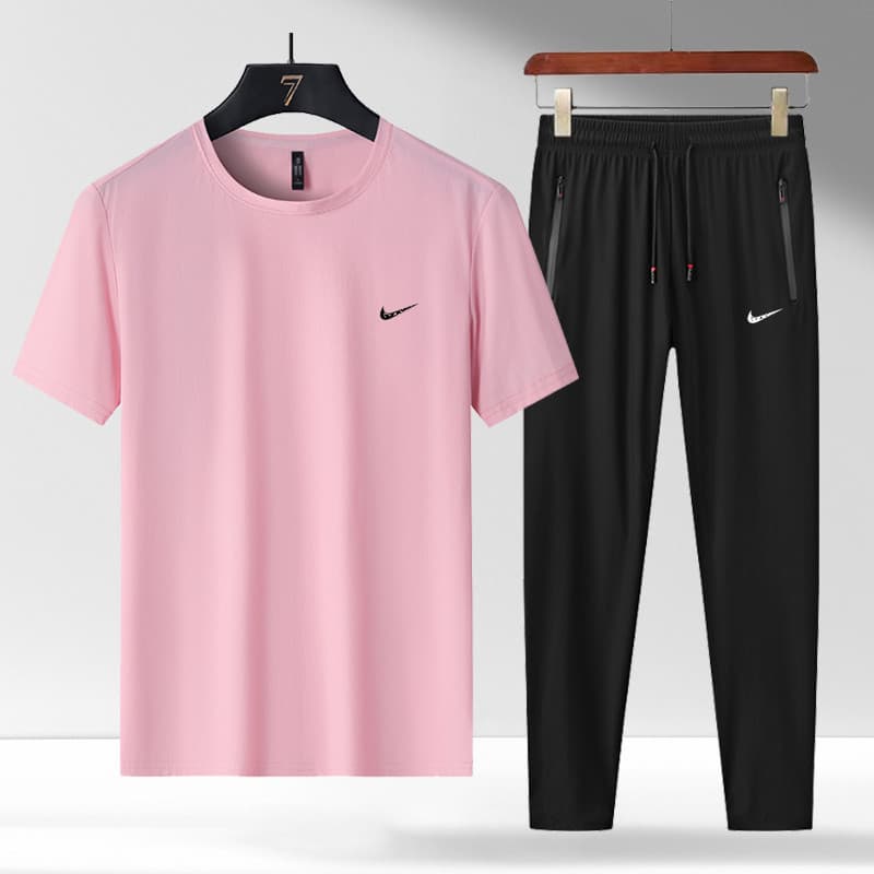 Cross-Border Men's Summer New Couple Set Ice Silk T-Shirt Breathable Cool Long Pants Sports Casual Two-Piece Set