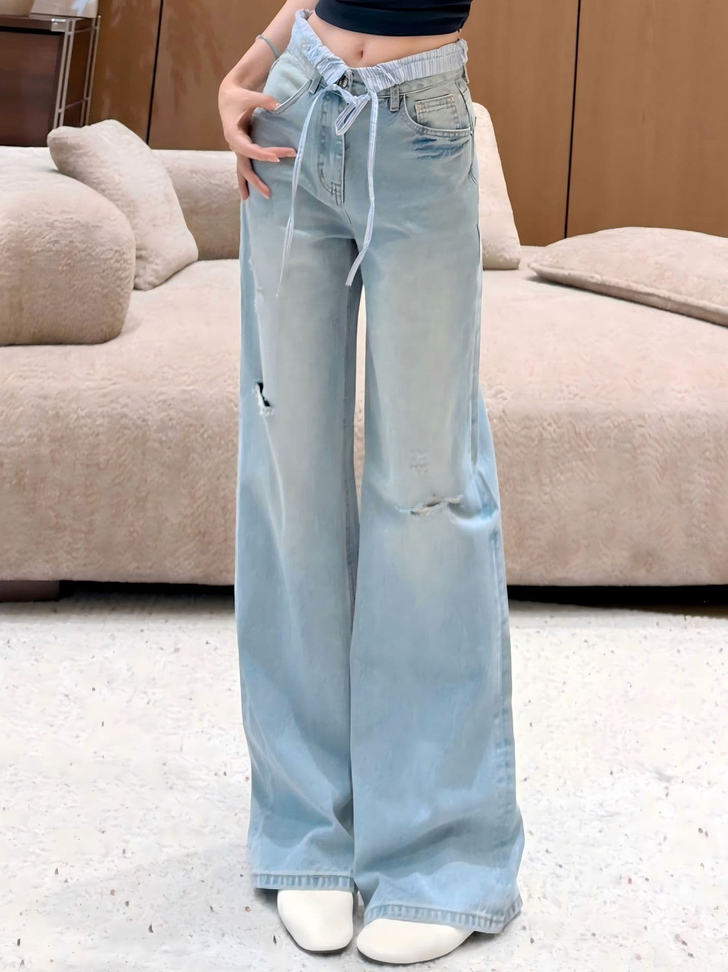 Trendy New Double Waist Spliced Jeans Women's Ripped High Waist Leg-Long Straight Pants Nanyou Women's Summer Pants