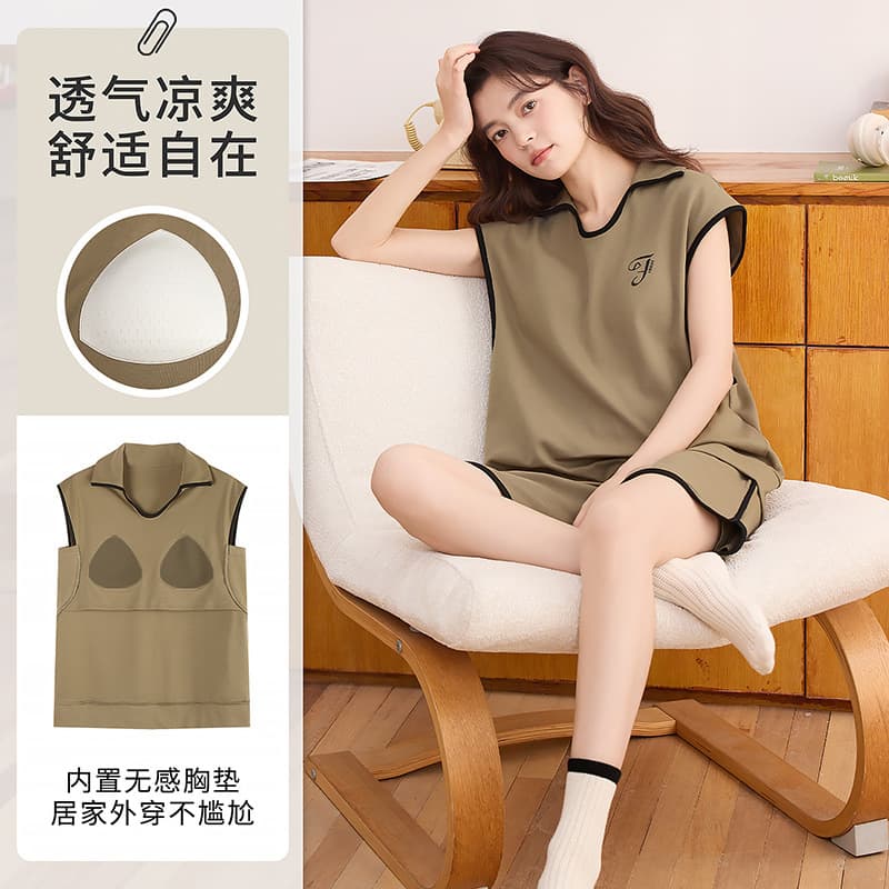 Women's Summer Cotton Padded Sleeveless Vest and Shorts Sport Anti-Exposure Cool Cotton Loungewear Set