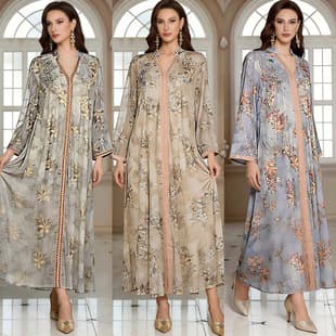 MT551 New Cross-Border Women's V-Neck Rhinestone Beaded Long-Sleeve Dress Jalabiya Long Dress