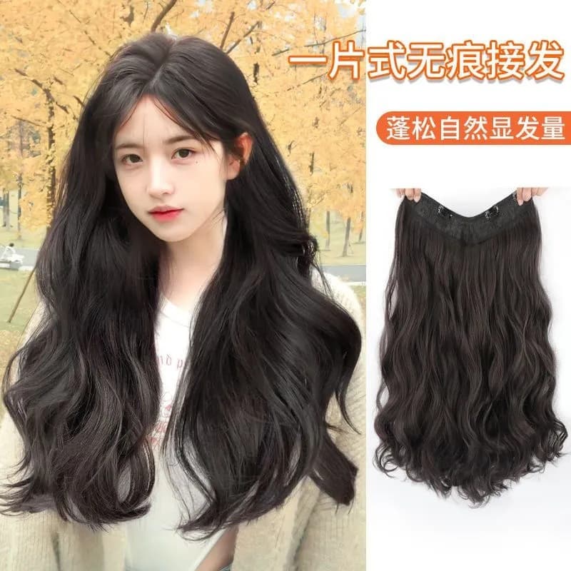 One-piece Hair Extension for Women, Long Hair Volume Boost, Curly Wavy Hairpiece, Realistic V-shaped Hair Extension, Big Waves