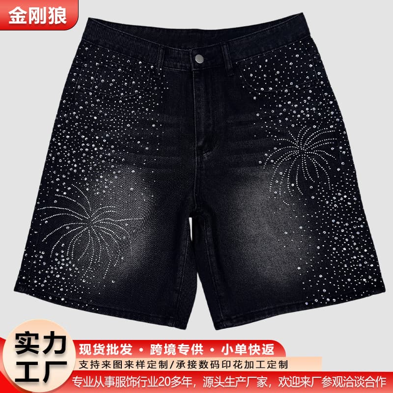 Men's Rhinestone Firework Denim Shorts Black Washed Straight Mid-Waist Summer Casual Street Style Brand Shorts