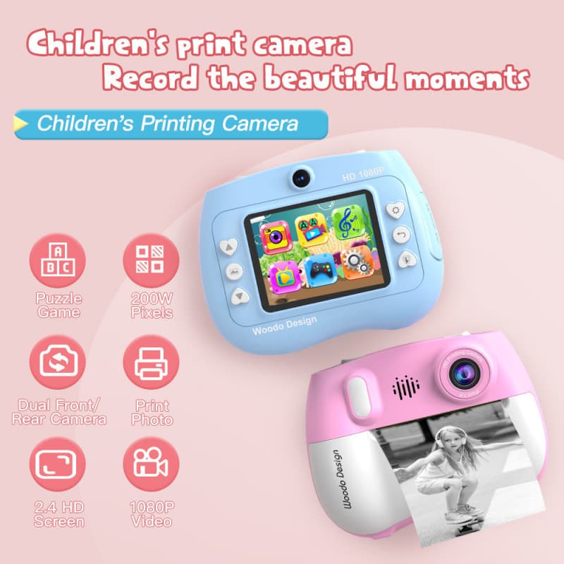 New high-definition color thermal paper self-adhesive instant digital multi-functional children's printing camera with cute cartoon design.