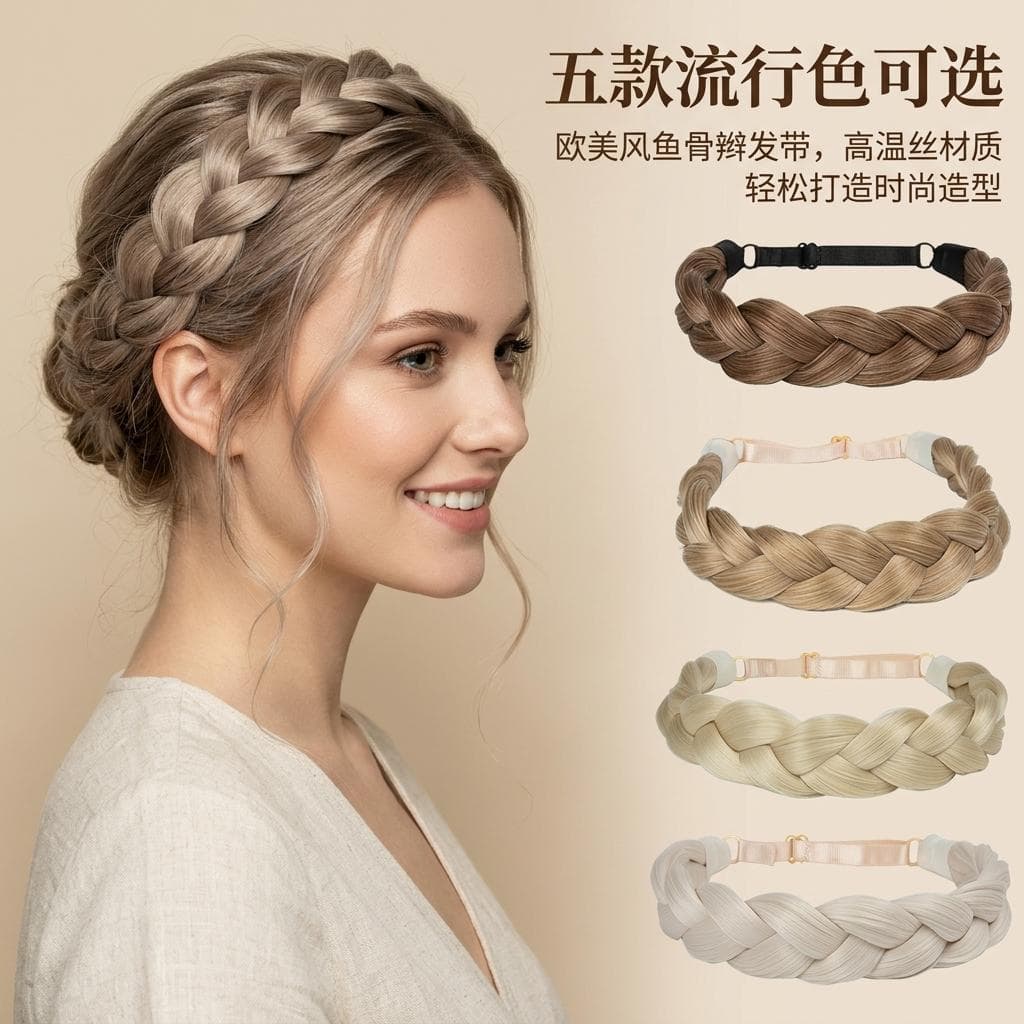 Headband Wig Braided Three-Strand Fishbone Braid Pressed Braid Hair Accessory Hairband Braid Wig Italian Curls