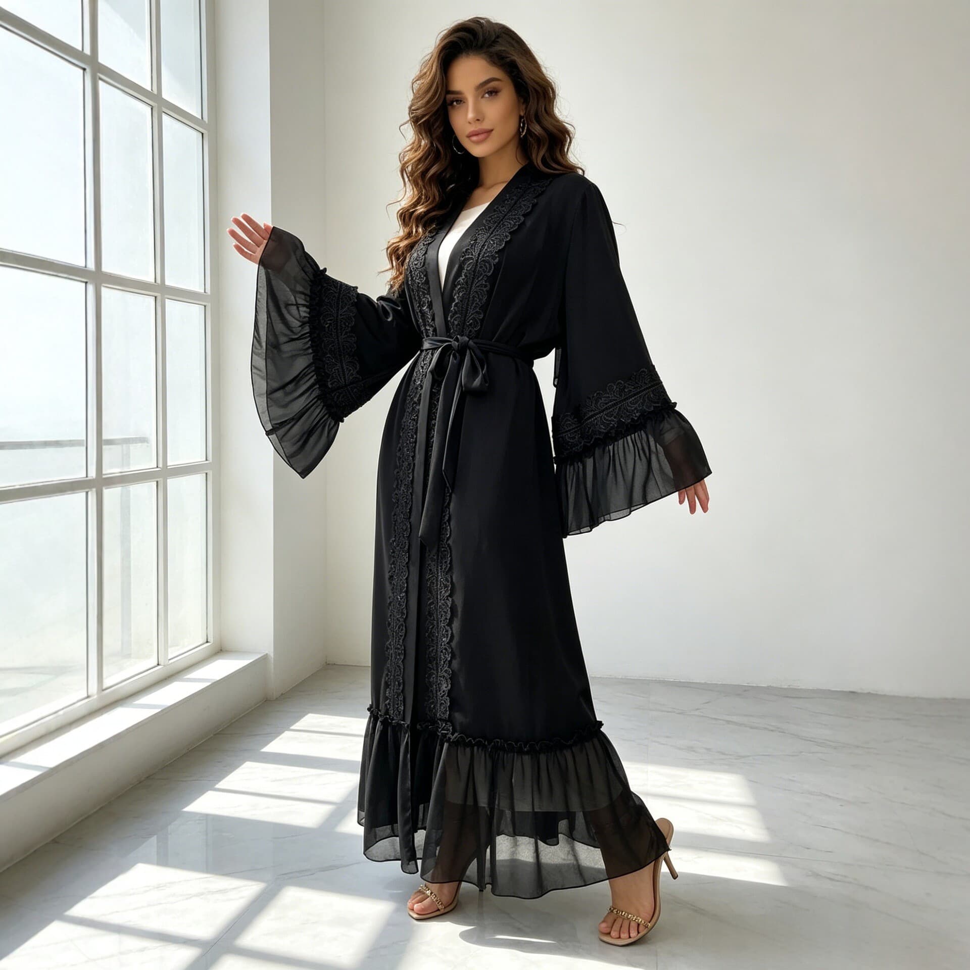 Cross-border hot selling AliExpress Amazon elegant fashionable lace stitching abaya robe 1963