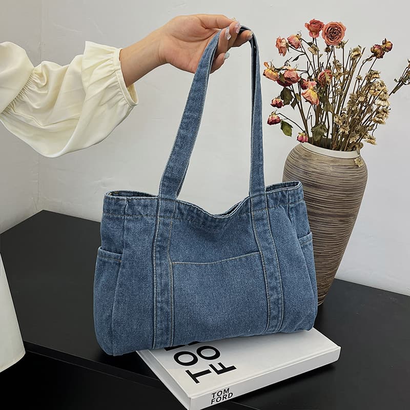 Cross-border Large Capacity Denim Bag for Women, Lightweight and Versatile Shopping Tote, Student Class and Tutoring Bag, Shoulder Bag
