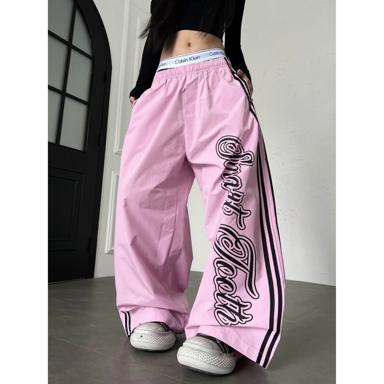 Dopamine Retro Striped Wide-Leg Pants Casual Pants for Women Loose Fit Curved Sports Straight-Leg Floor-Length Pants Jazz Dance Pants