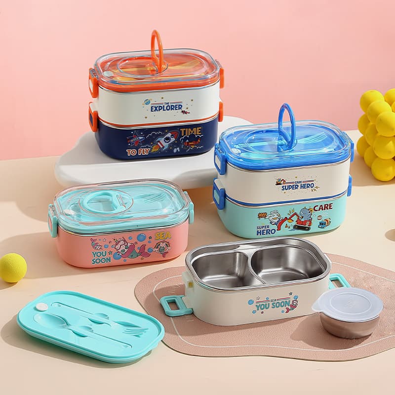 Cartoon student 304 stainless steel lunch box office worker double handle portable lunch box oval lunch box