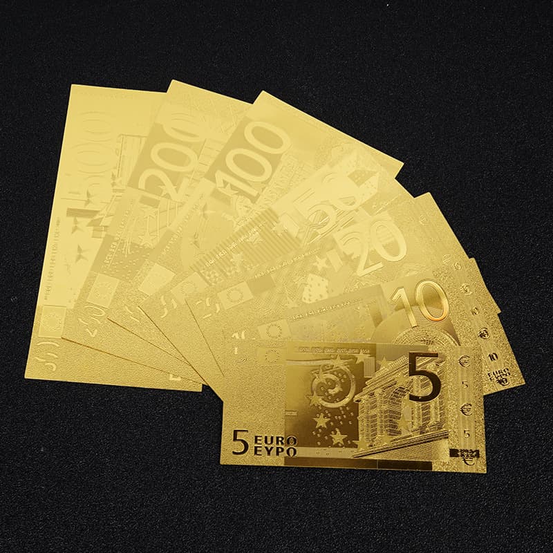 Custom Gold Foil PET Commemorative Coins and Banknotes: 7-Piece Set with Double-Sided Color Printing, Gold Euro Currency Collection