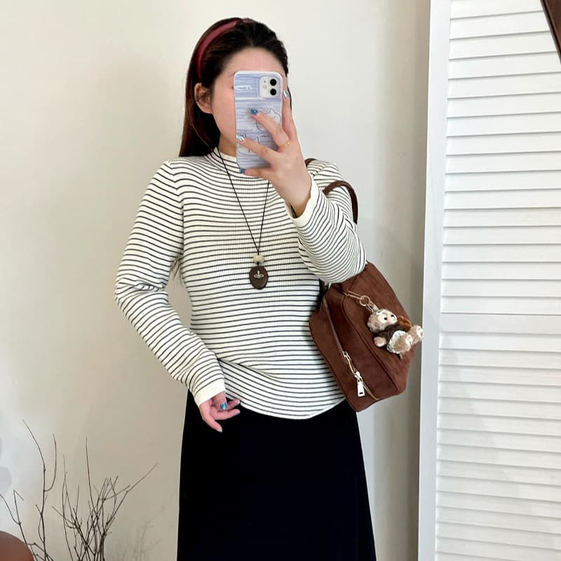 Plus Size Women's High Neck Striped Top, 2025 Winter Style, for Curvy Women, Inner Wear Knitwear, Base Layer Sweater, 22500
