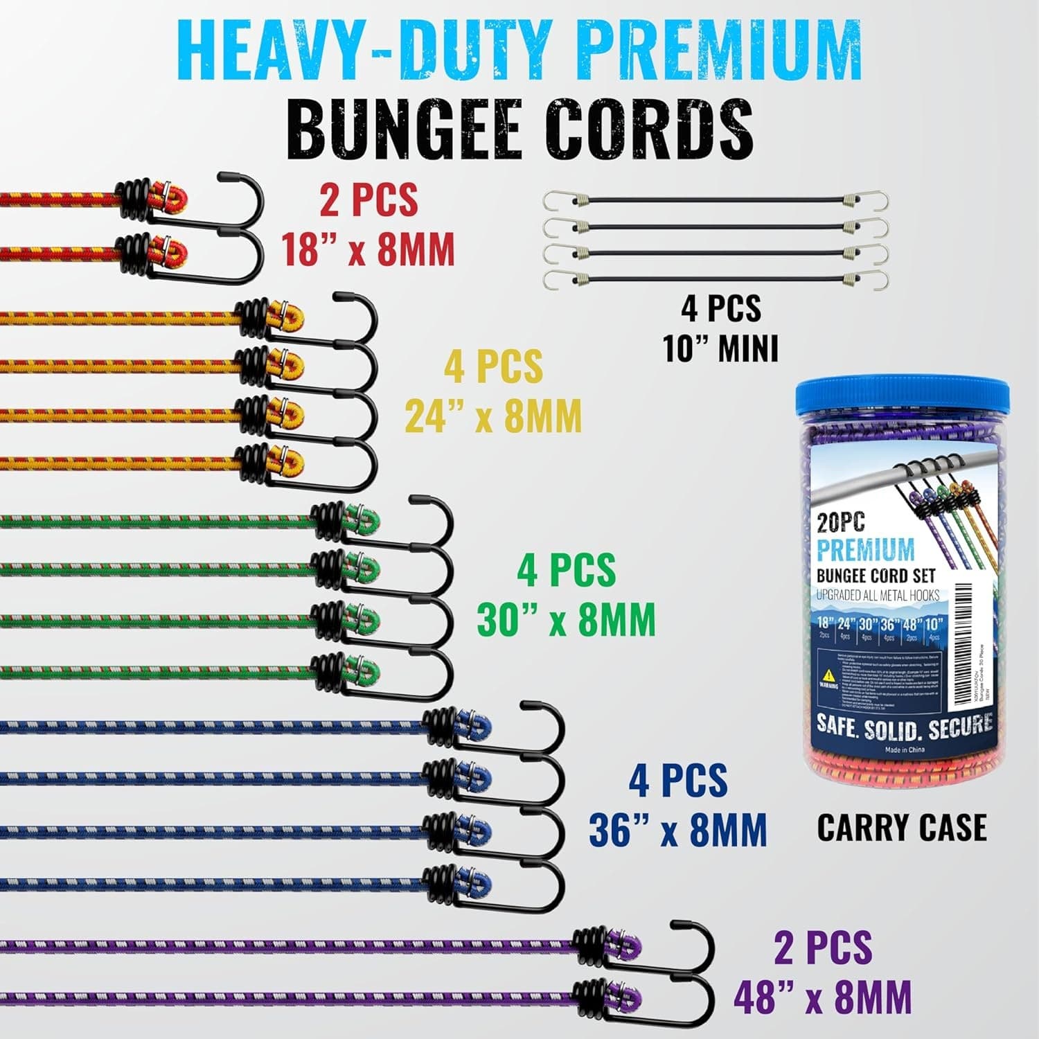 No-Label Premium Bungee Cords, Heavy-Duty 20-Pack with Hooks in a Storage Container