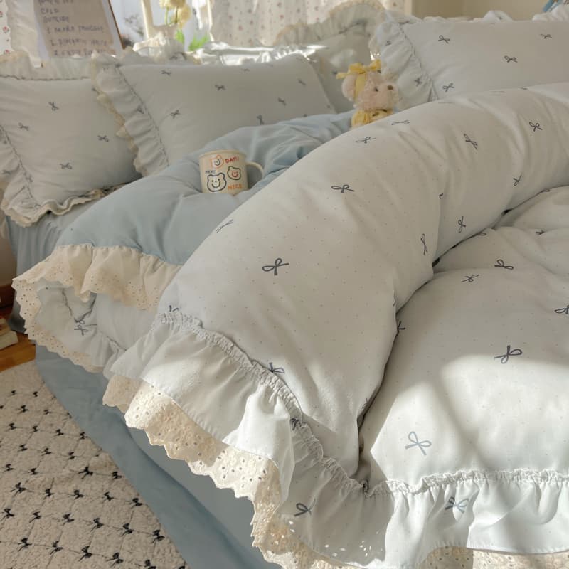 Princess Bedding 4-Piece Set Washed Cotton Double-Layer Gauze Duvet Cover Sheet Bed Skirt Fitted Sheet Lace Trim Dormitory 3-Piece Set