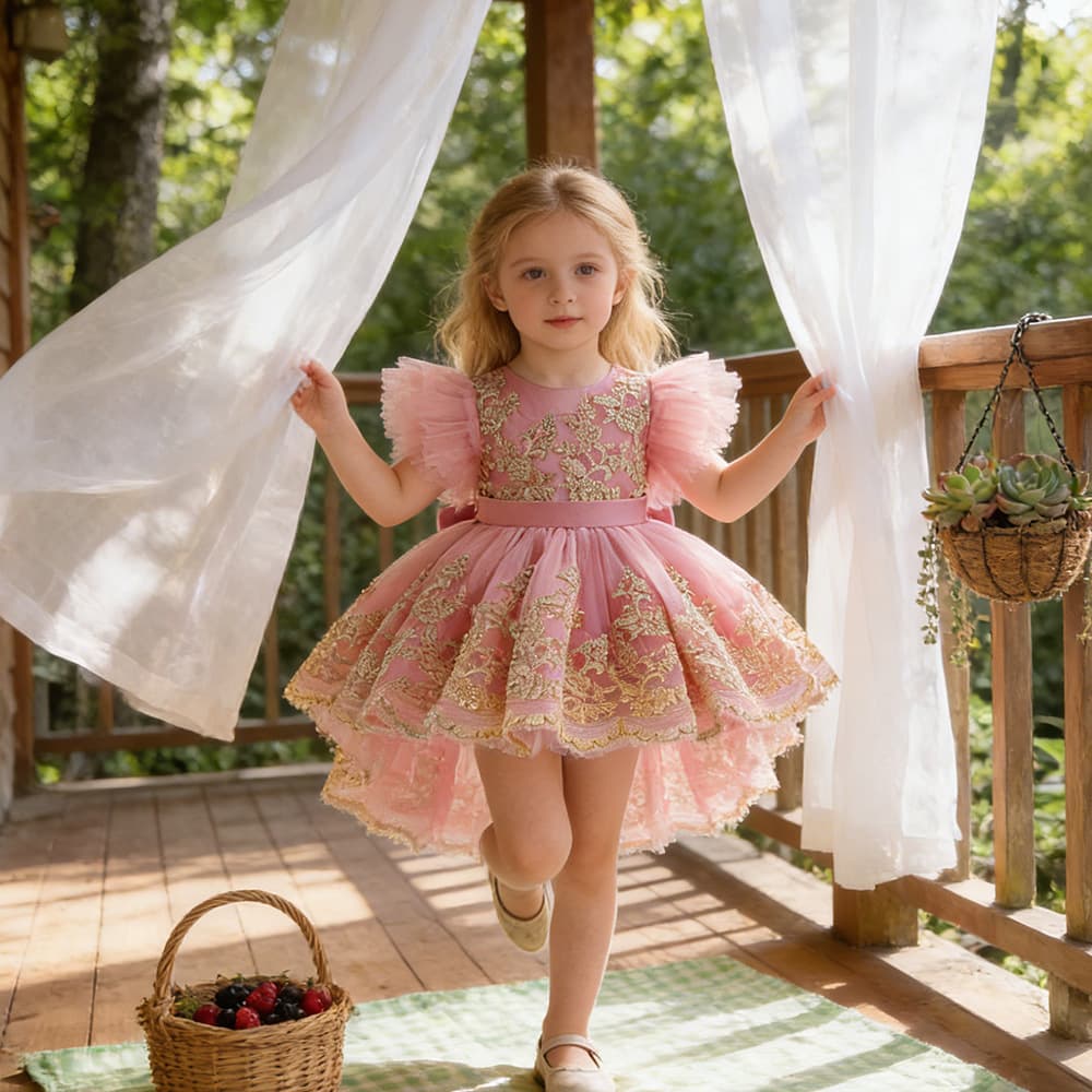 Girls Pink Tulle Princess Dress Flower Girl Wedding Gown Train Children's Bow Evening Dress