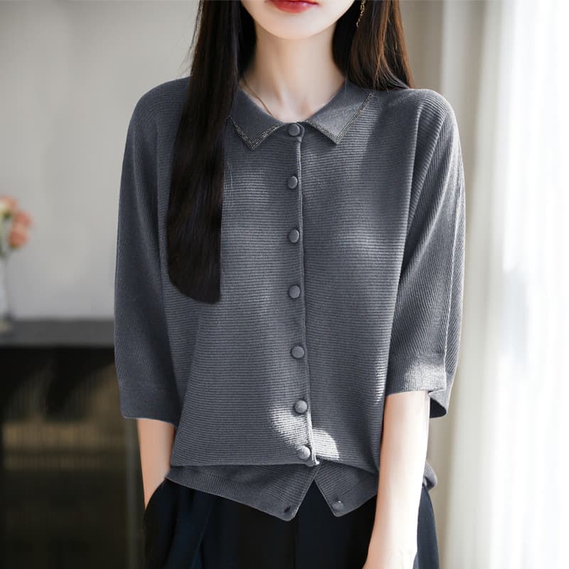 Women's Rhinestone Lapel Button-Up Mid-Sleeve Cardigan, Casual Commute Versatile Solid Color Slimming Lapel Cardigan