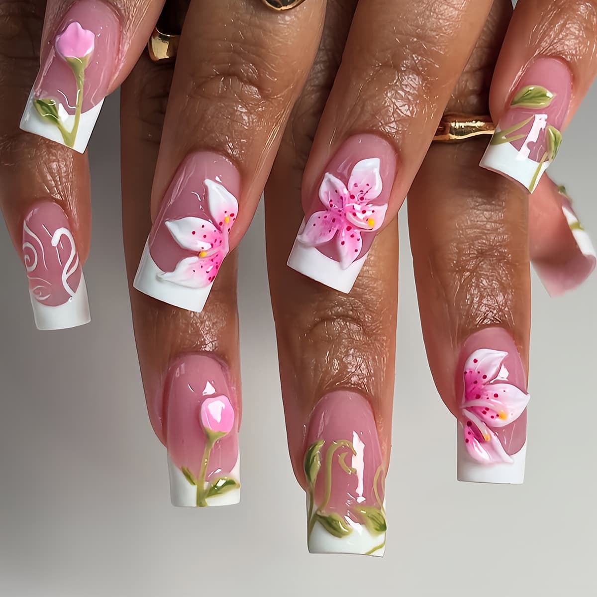 24 pieces of cross-border spring flowers 3D three-dimensional flowers fake nails tulip pink cute wearable nails wholesale in stock