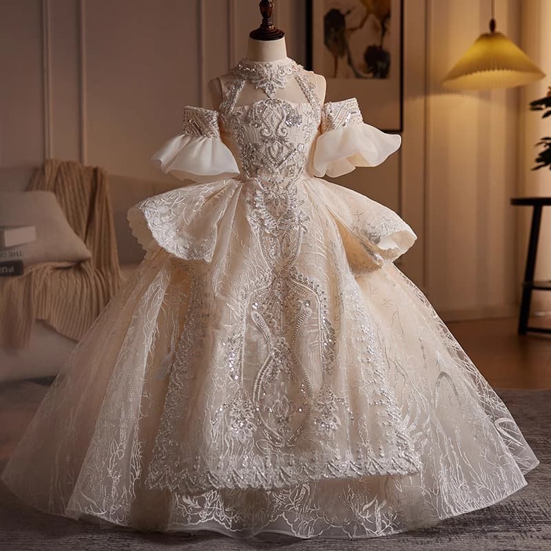 Children's Princess Dress Performance Costume Tutu Skirt Girl Birthday Host Dress Fashionable High-end Luxury Niche Long Dress