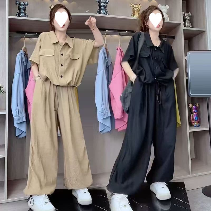 Plus Size 300lbs Women's Casual Fashion Set Loose Short Sleeve Top Wide Leg Jogger Pants 2-Piece Set