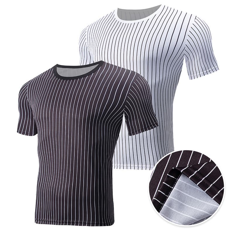 Overseas Cross-border Platform 2-Piece Men's Quick-Dry Sports Vertical Stripe Short-Sleeved Joker Comfortable Round Neck Top Training T-Shirt