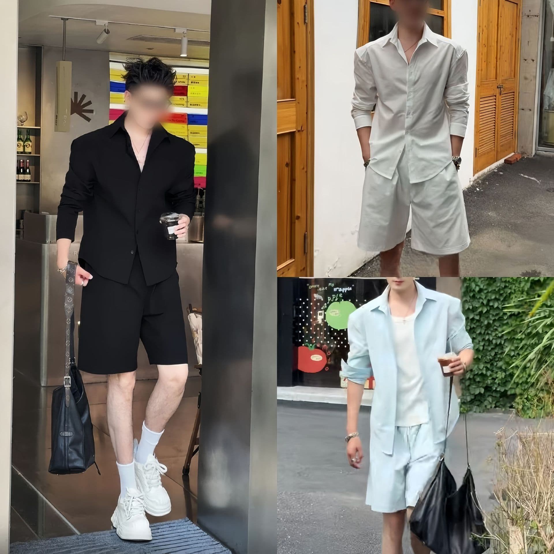 Summer men's new high-end simple old money style casual loose long-sleeved solid color shirt shorts suit