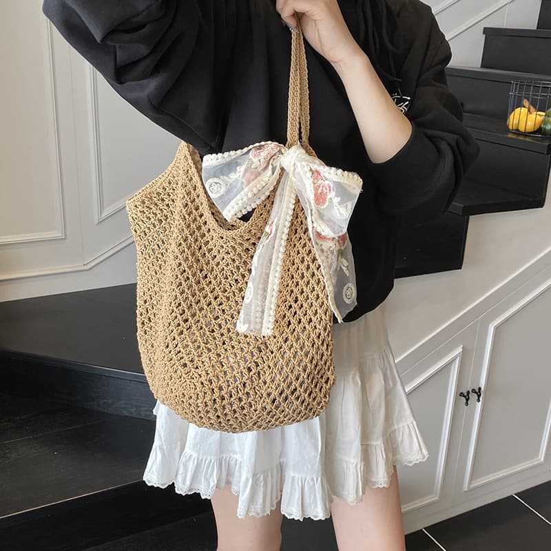 Hollow Hand-Woven Bag for Women Summer Casual Lazy Style Large-Capacity Straw Bag Seaside Vacation Shoulder Beach Bag