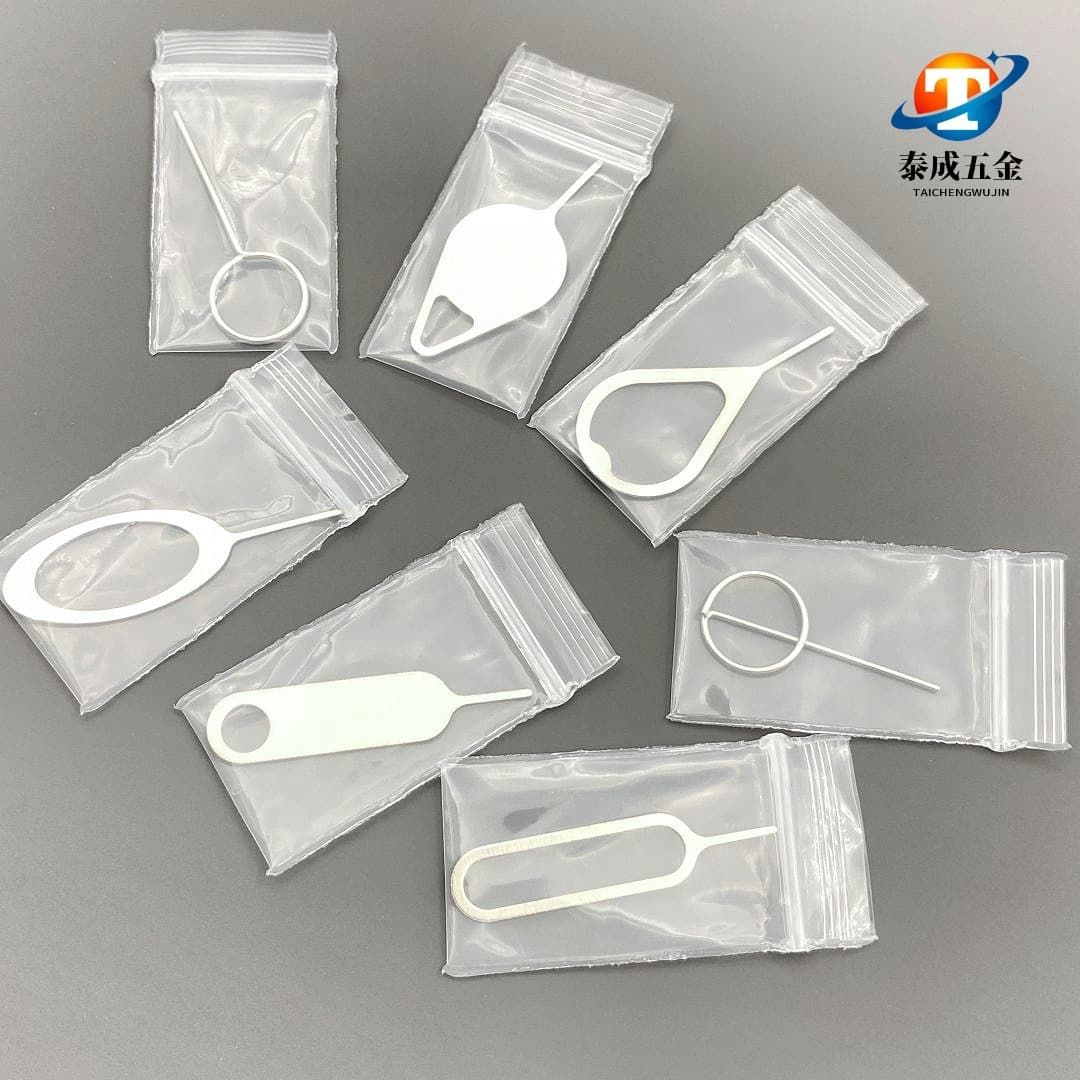 Universal SIM card ejector tool for mobile phones, packaged in PE self-sealing bags. Suitable for smartphones and tablets.
