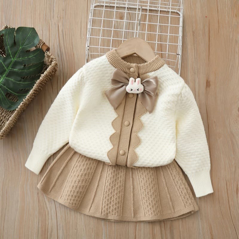 Children's Sweater Jacket 2025 Autumn New Little Sweet Princess Style Girls Two-piece Bow Set