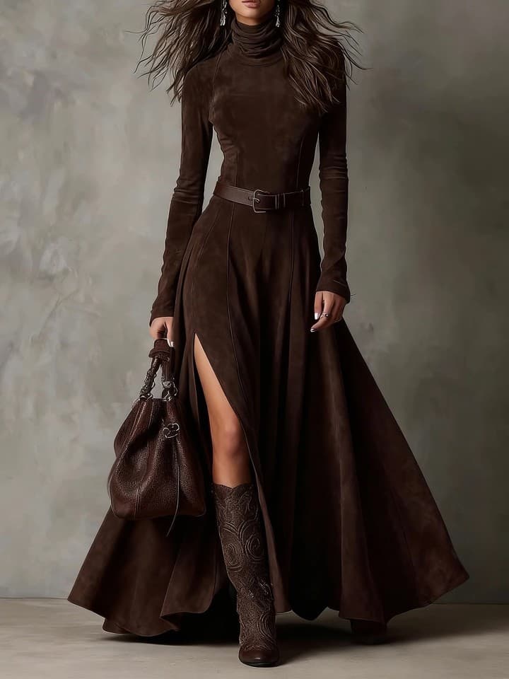 2025 Cross-border Amazon Autumn and Winter Elegant European and American Fashion Temperament Commuter Stand Collar Long Dress
