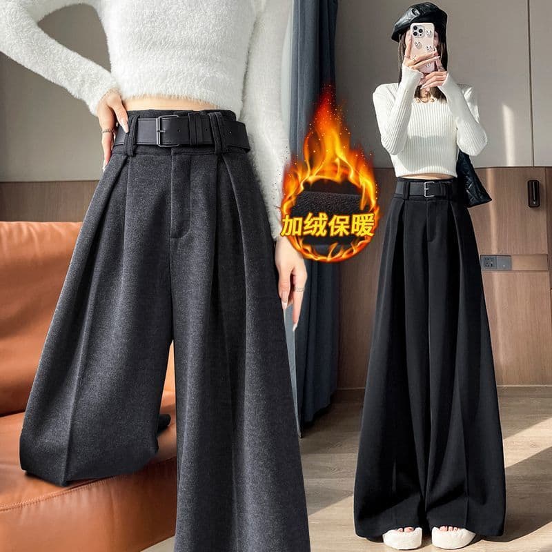 High-End Wide-Leg Pants for Women 2024 Fall/Winter Wool Trousers Pleated High-Waist Slimming Flowing Floor-Length Straight-Leg Pants