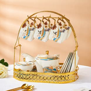 Ceramic New Chinese Style Coffee Cup and Saucer Set, Gold-rimmed Porcelain Afternoon Tea Set, Premium Gift Wholesale