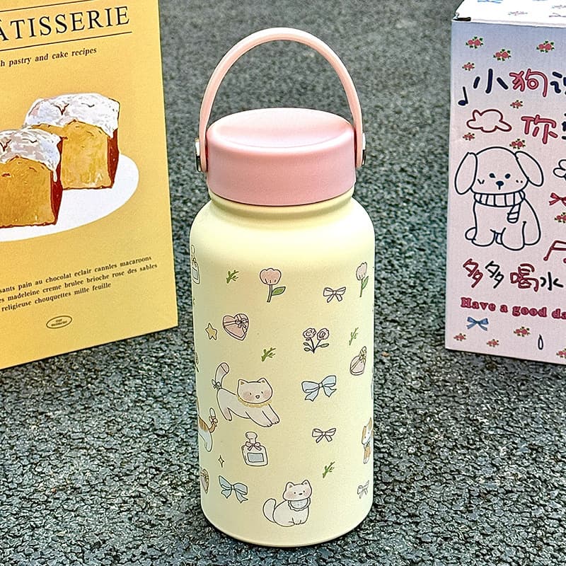 Stainless Steel Insulated Mug, Cartoon Design for Women, Large Capacity Portable Thermos, Cute and High-Aesthetic Student Water Bottle