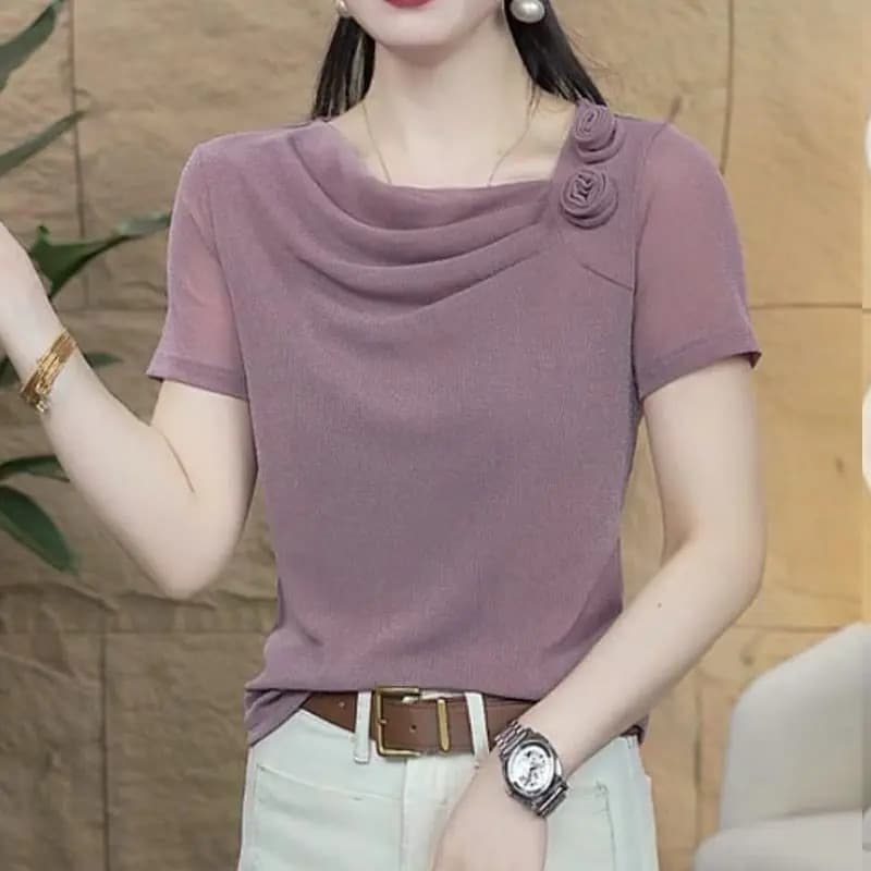Summer high-end pile collar short-sleeved T-shirt for women, fashionable and age-reducing versatile stretch mesh western-style shirt top
