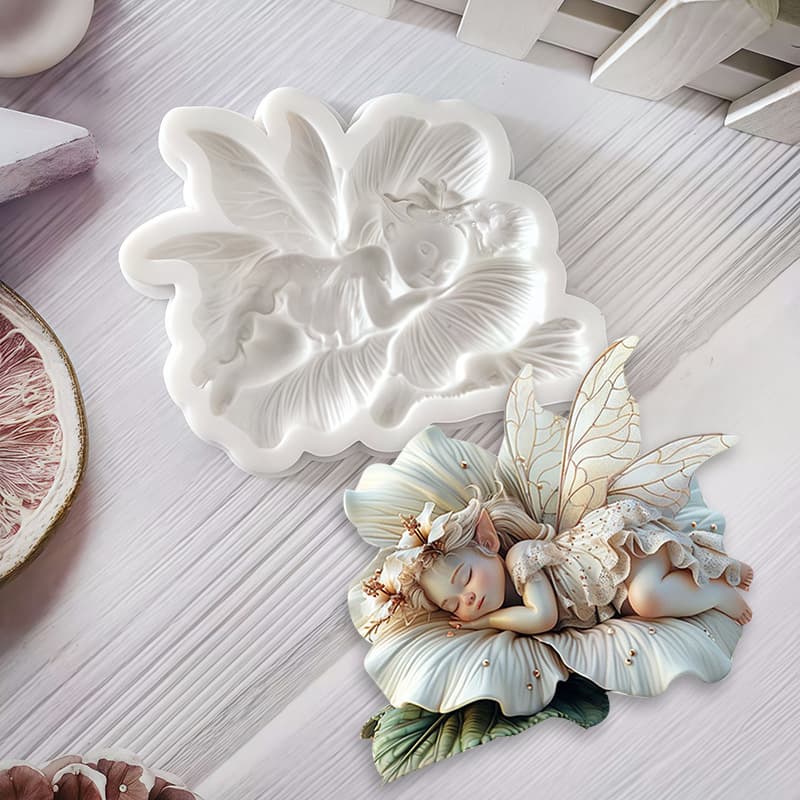 Fairy tale hibiscus flower sleeping fairy fondant silicone mold, chocolate fondant cake decoration baking tool