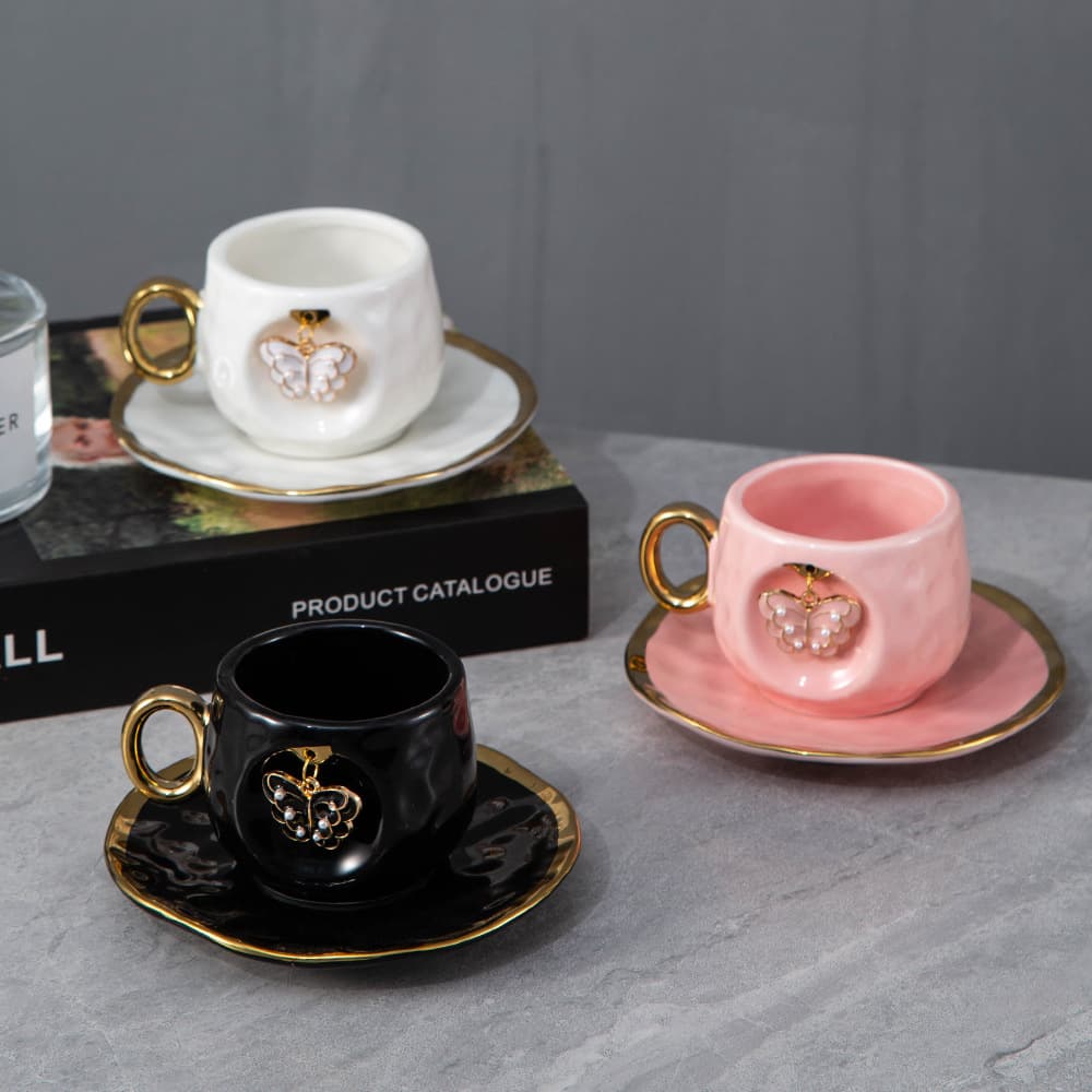 Creative Ceramic Butterfly Pendant Coffee Cup Saucer Home Ceramic Coffee Cup Espresso Cup Saucer Afternoon Tea Coffee