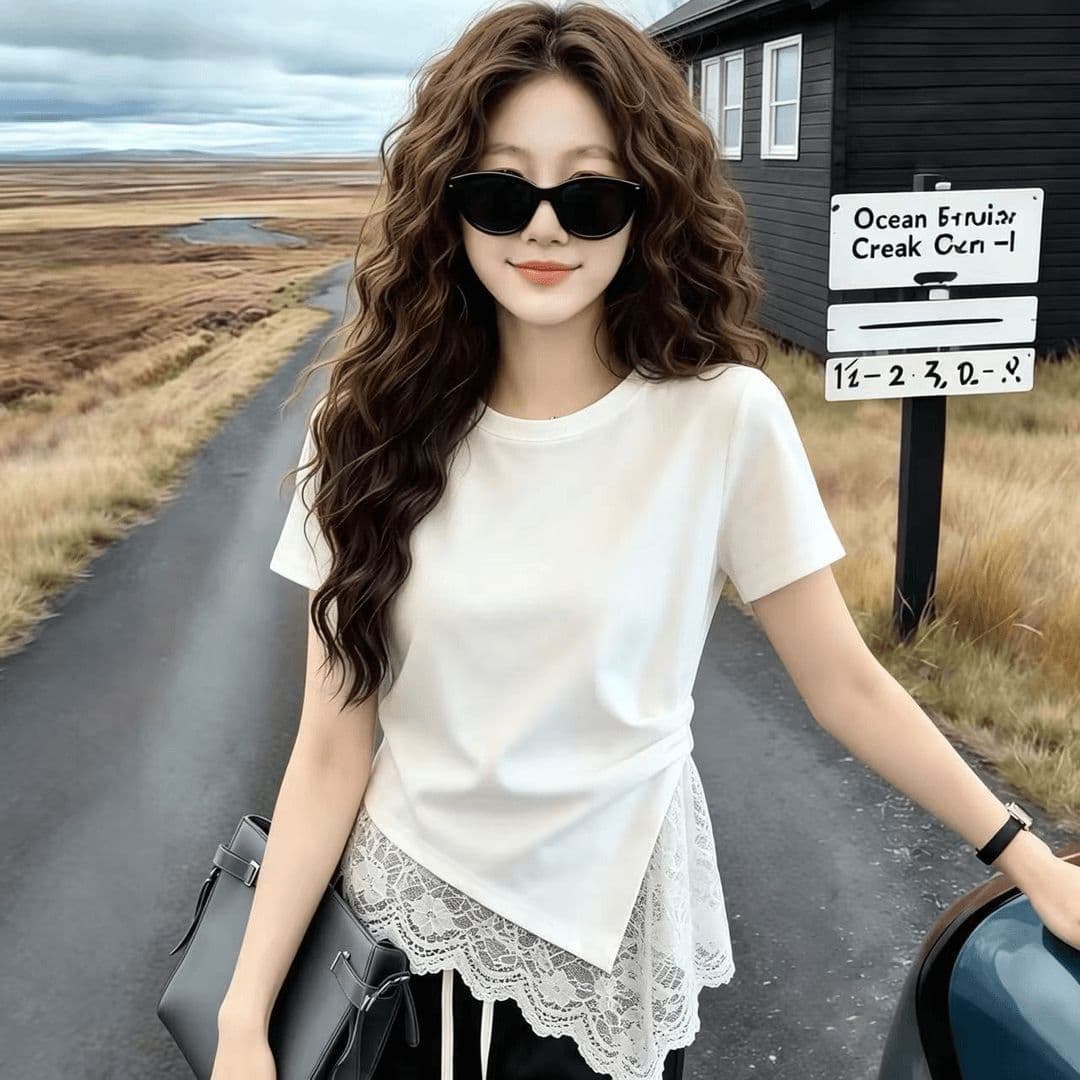 Summer internet celebrity new fashion short-sleeved T-shirt for women, age-reducing design, irregular lace shirt, slimming top for women