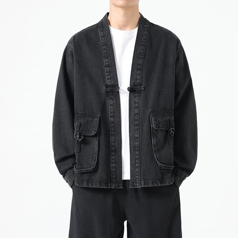 2025 Autumn New Oversize Taoist Robe Chinese Style Denim Frog Button Jacket New Chinese Japanese Unisex Jacket