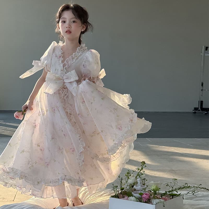 Girls' French floral long dress summer puff sleeve princess dress children's birthday dress little girl fairy dress