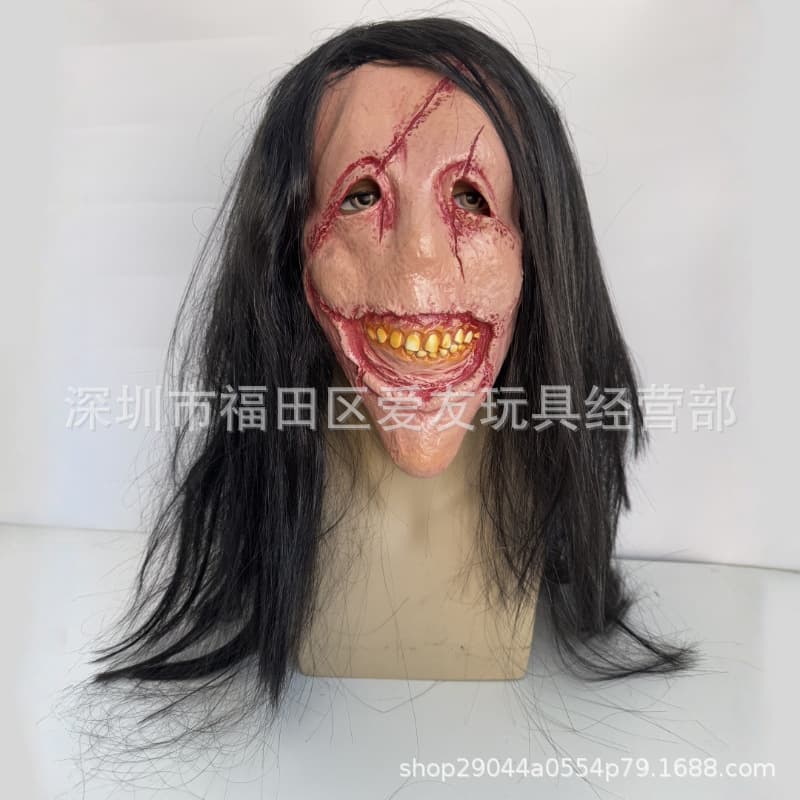 Halloween horror long-haired devil mask red-faced devil witch mask toothy devil latex long-hair mask