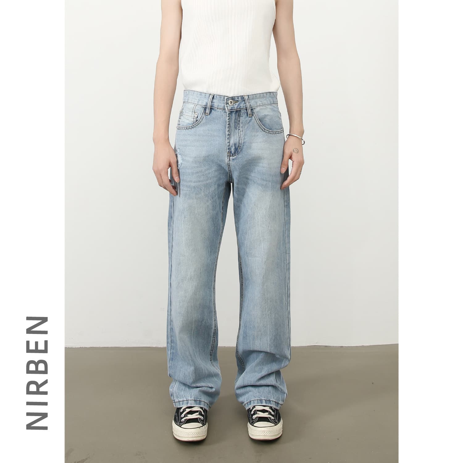 nirben Denim | American Vintage Washed Blue Ripped Jeans for Men, Simple Versatile Loose Wide-Leg Long Pants