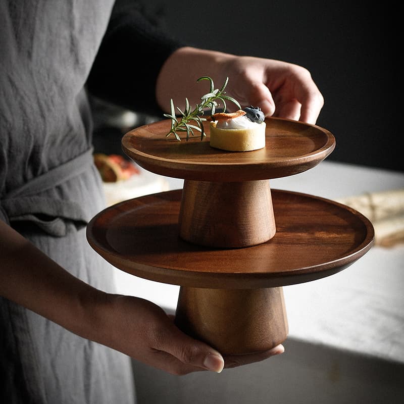 Japanese Acacia Wood Tall Cake Plate Wooden Fruit Tray Tea Snack Plate Pastry Tray Wooden Tray Decoration Prop