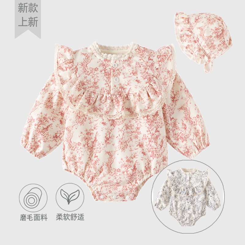 Cross-Border Autumn/Winter Baby Girl Romper Crawling Suit Ink Painting Chinese Style Brushed Fleece Triangle Bodysuit Infant Clothing