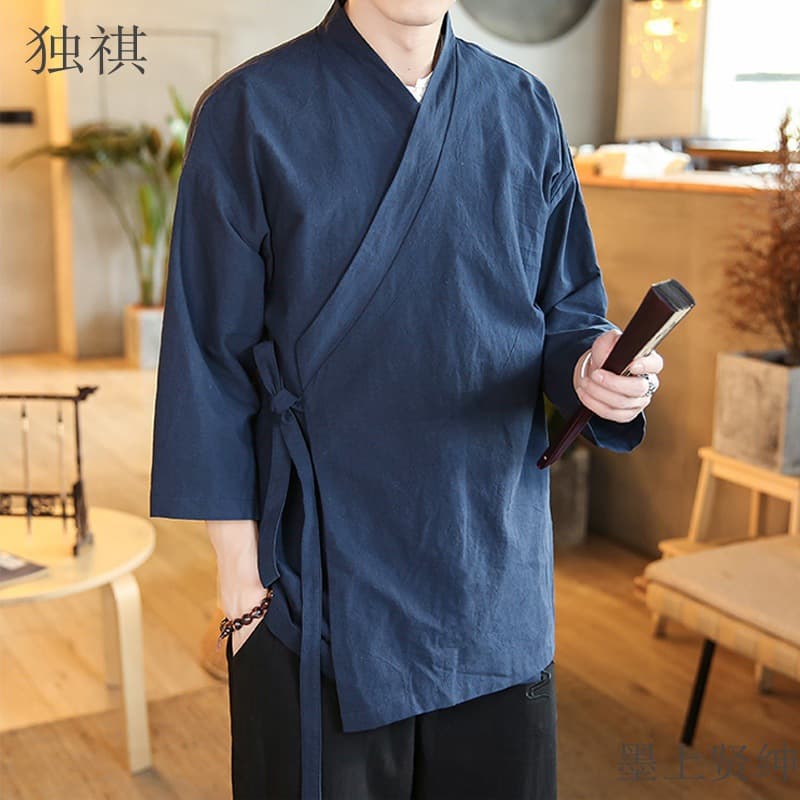 Seven-tenths sleeve Hanfu men's ancient costume side-opening Chinese-style Taoist robe simple pastoral layman Zen traditional culture coat